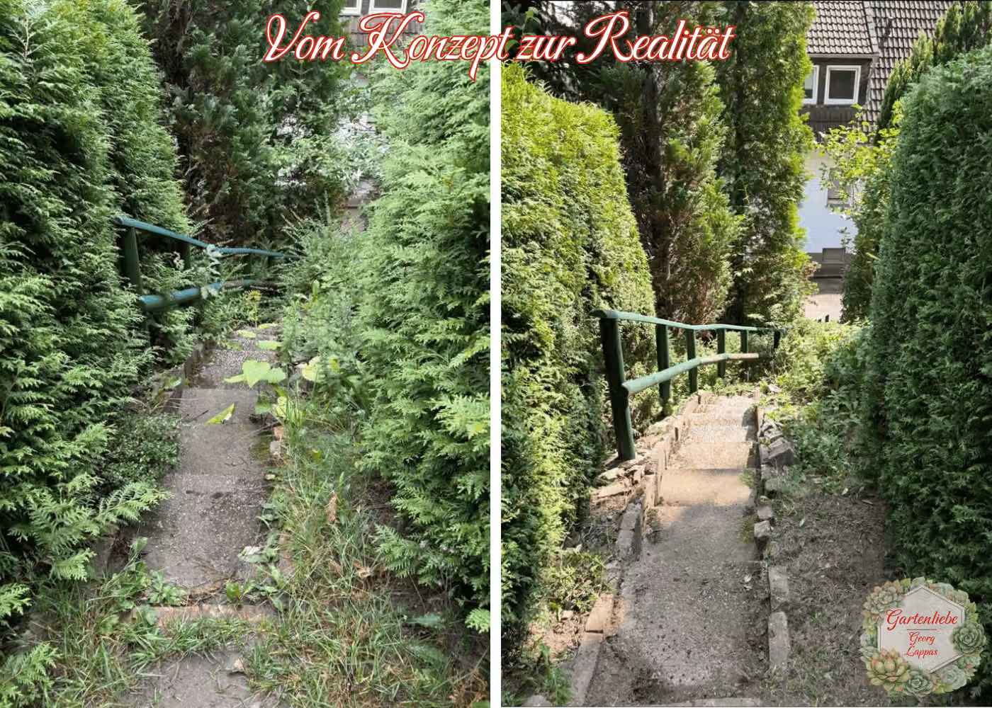 Vorher-Nachher-Ansicht eines neu gestalteten Gartenwegs